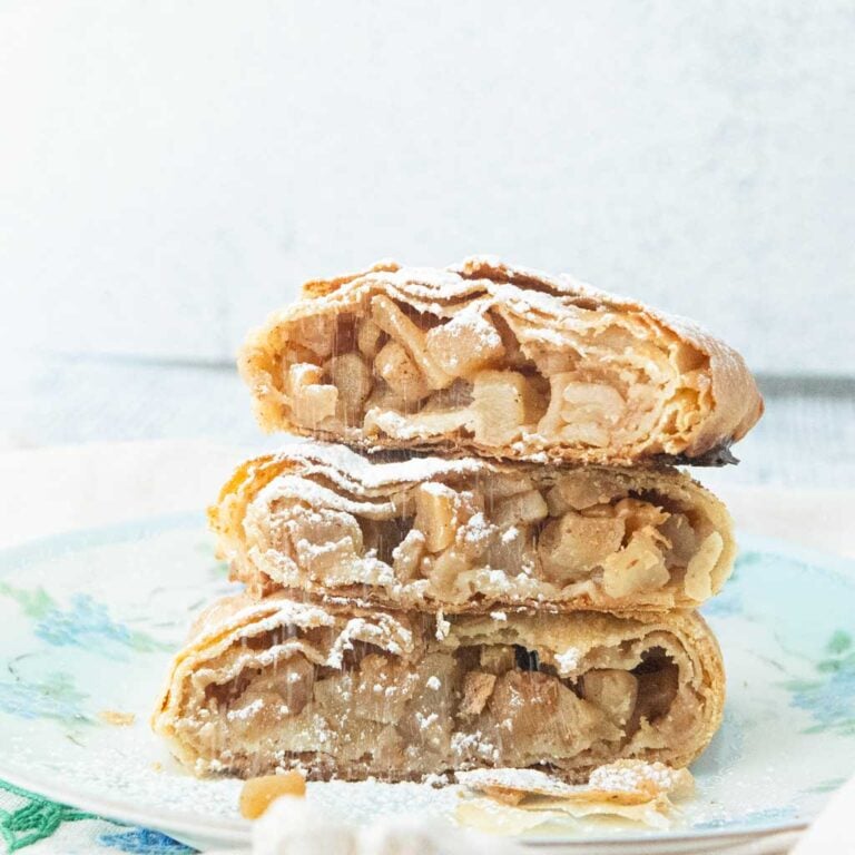 slices of strudel stacked on plate