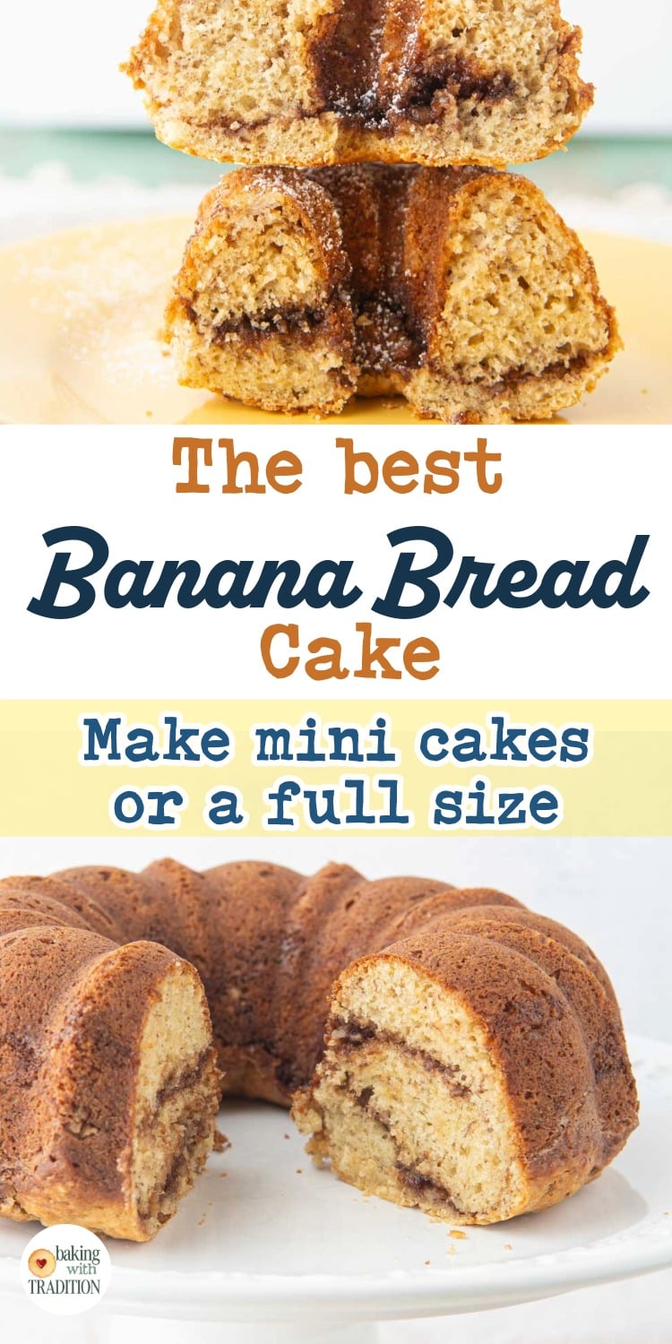 banana bundt cake and mini banana bundt cakes sliced to show brown sugar filling, text overlay