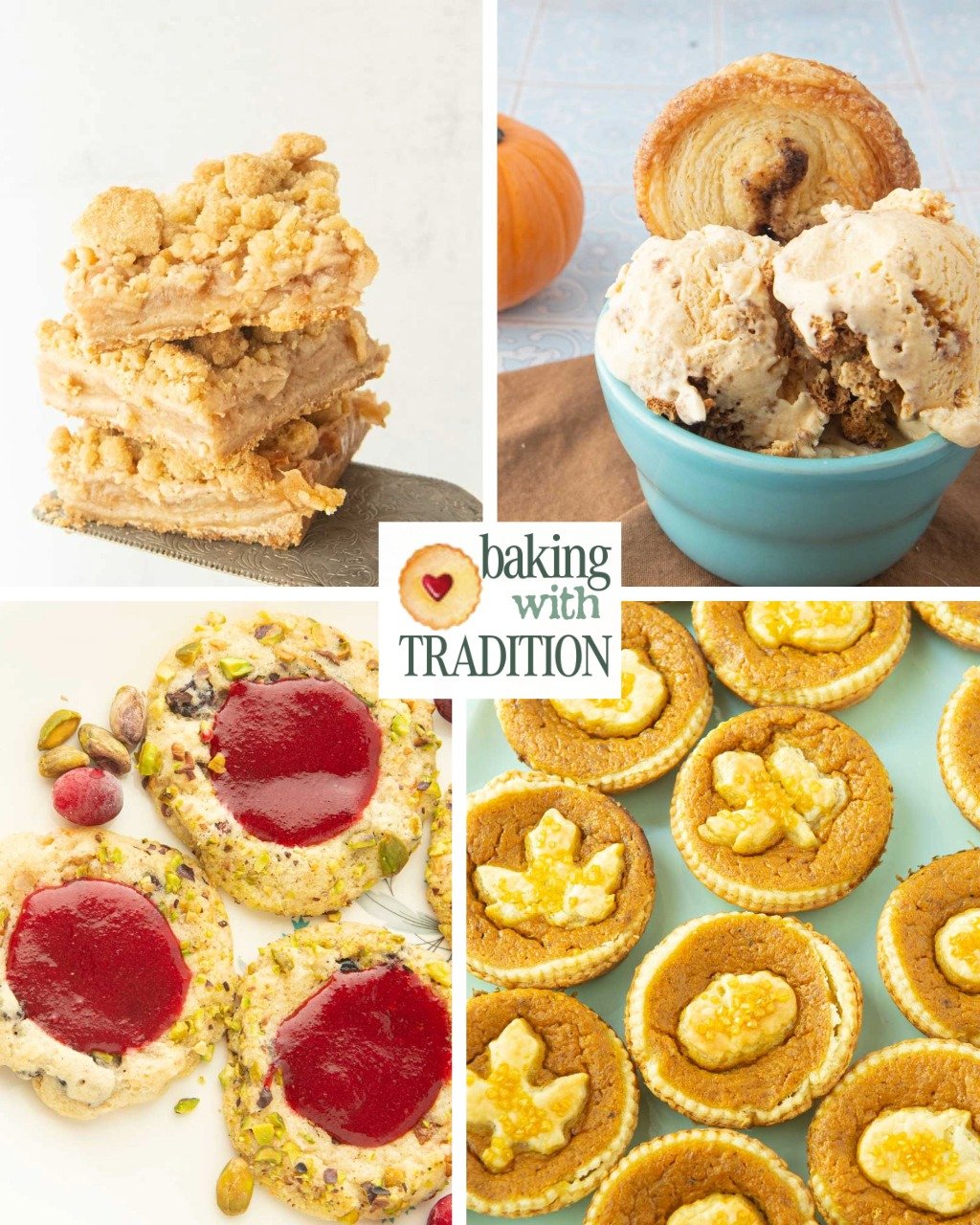 apple crumble bars, pumpkin ice cream, cranberry cookies, and mini pumpkin pies