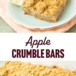 apple crumble bar on plate with ice cream, apple crumble bars on board with whole apple, text overlay