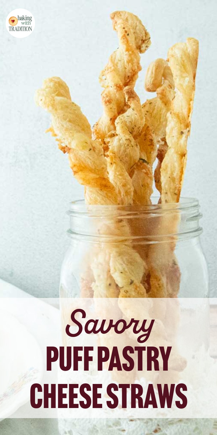puff pastry straws standing in glass jar, text overlay