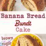 banana bread bundt cake showing brown sugar filling and slice of banana bread cake on plate, text overlay