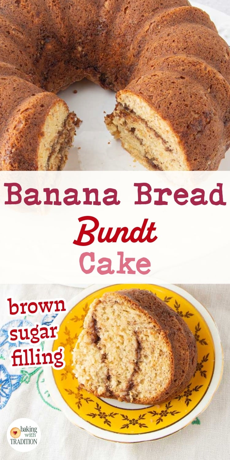 banana bread bundt cake showing brown sugar filling and slice of banana bread cake on plate, text overlay