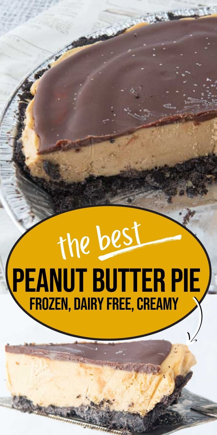 peanut butter pie closeup with slices cut from it, peanut butter pie slice on pie server, text overlay