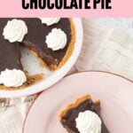 chocolate pie on plate with chocolate pie in pie plate, text overlay