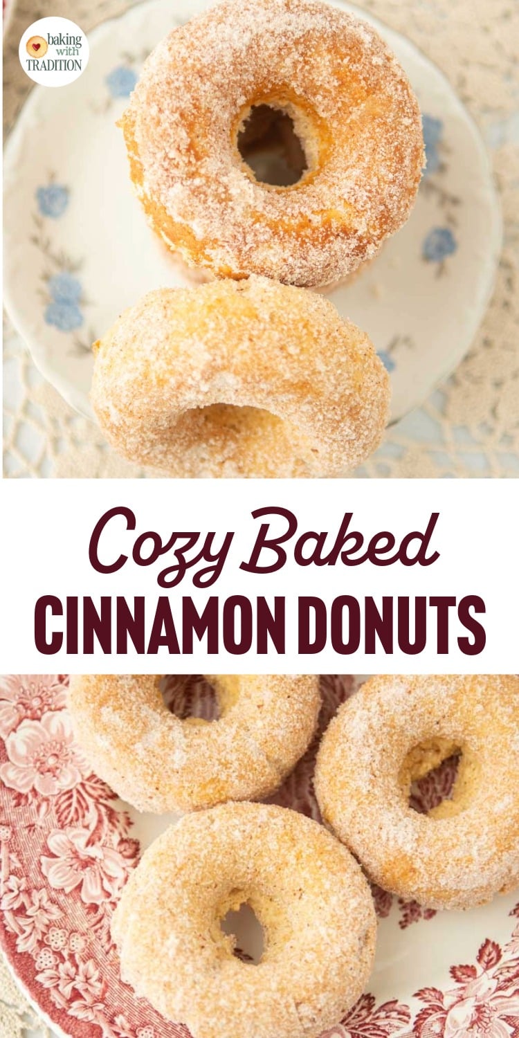 stack of cinnamon sugar donuts on plate, closeup of cinnamon sugar donuts, text overlay