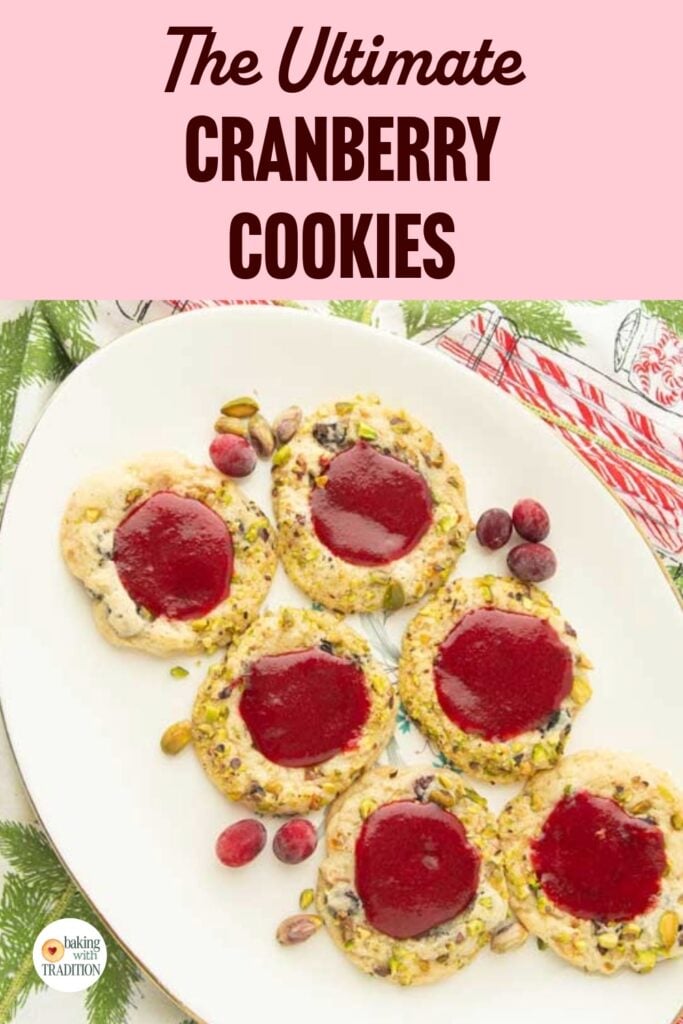 cranberry cookies on plate, text overlay