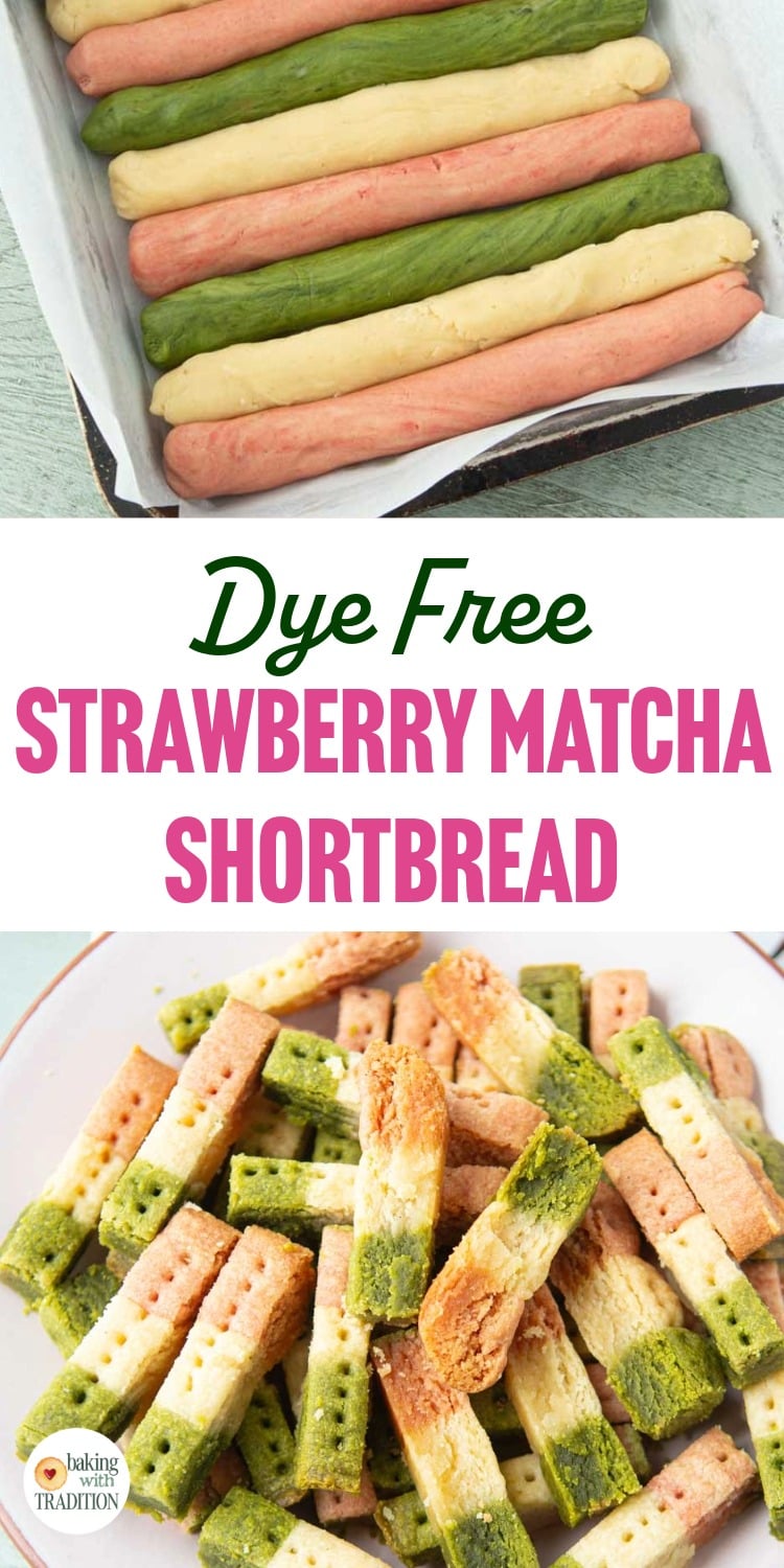 stripes of naturally colored shortbread dough in pan, cut pieces of strawberry matcha shortbread on plate, text overlay
