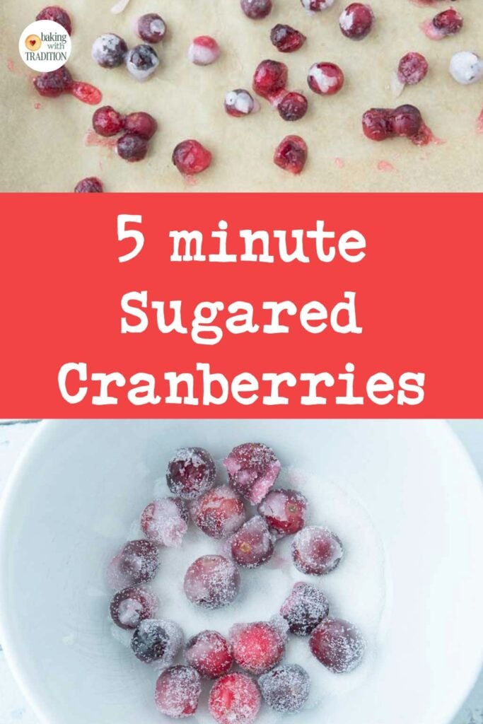 sugared cranberries drying on parchment, tossing sugared cranberries in granulated sugar, text overlay
