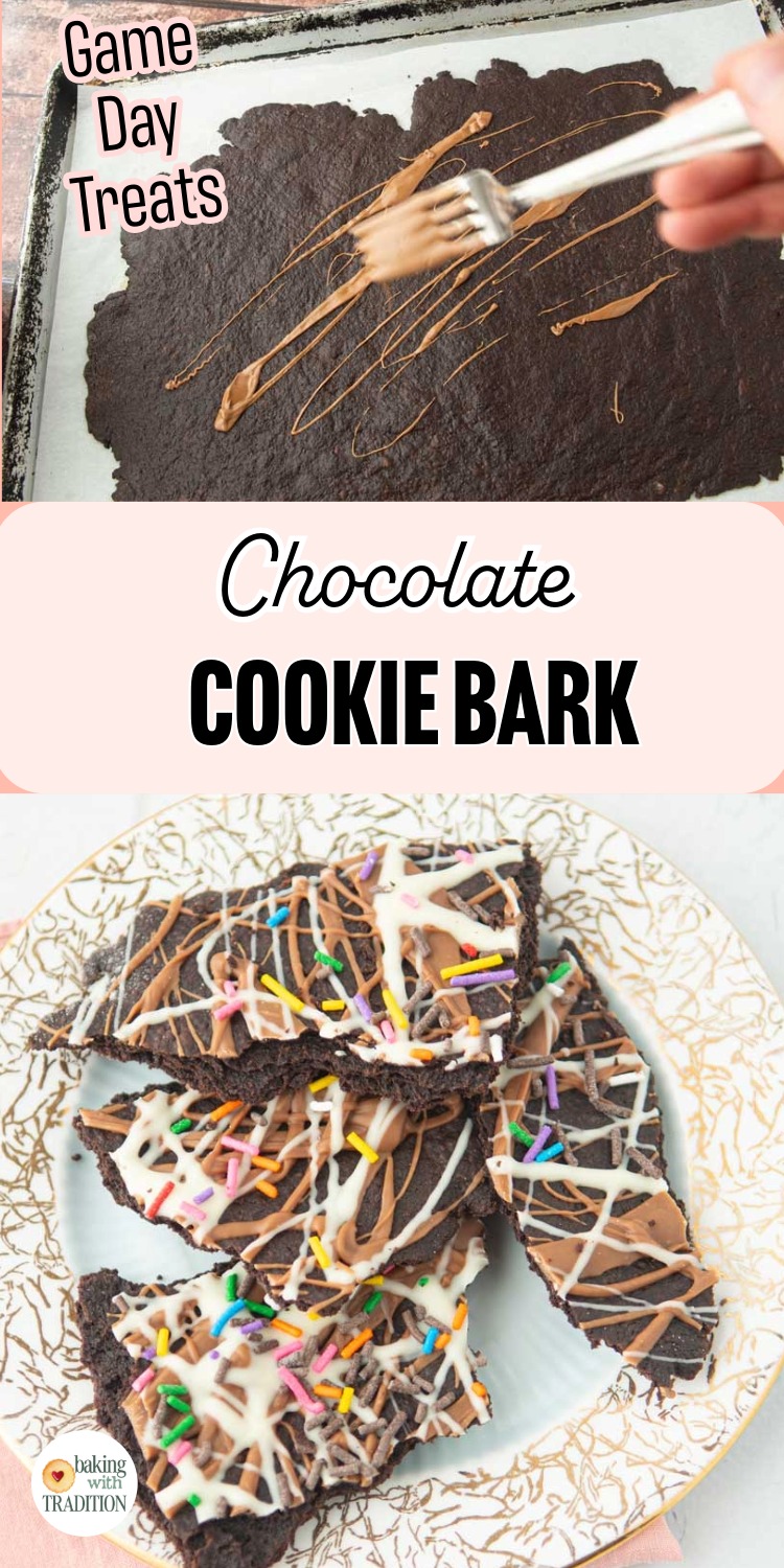 drizzling chocolate on sheet of baked chocolate shortbread, plate of chocolate cookie bark pieces, text overlay