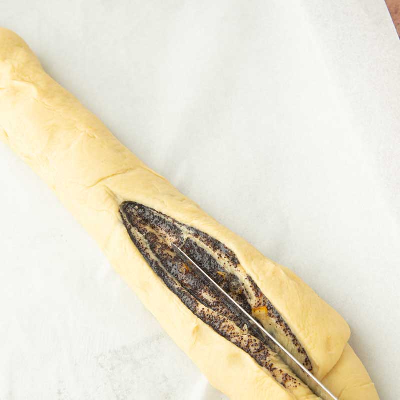 cutting dough for poppy seed babka