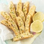 lemon pistachio biscotti with lemon slices