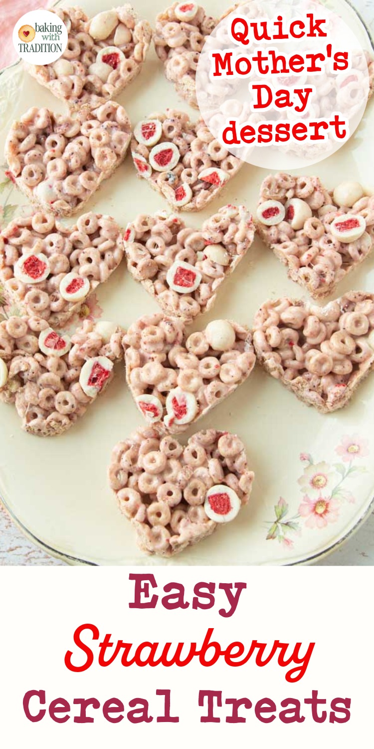 plate of strawberry cereal treats, text overlay