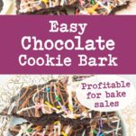 stacks of chocolate cookie bark streaked with white and dark chocolate and sprinkles, text overlay