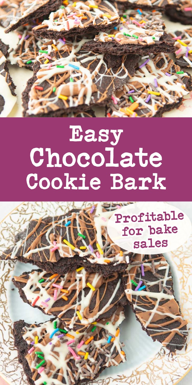 stacks of chocolate cookie bark streaked with white and dark chocolate and sprinkles, text overlay
