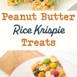 plate of peanut butter rice krispie treats, stack of rice krispie treats on plate, text overlay