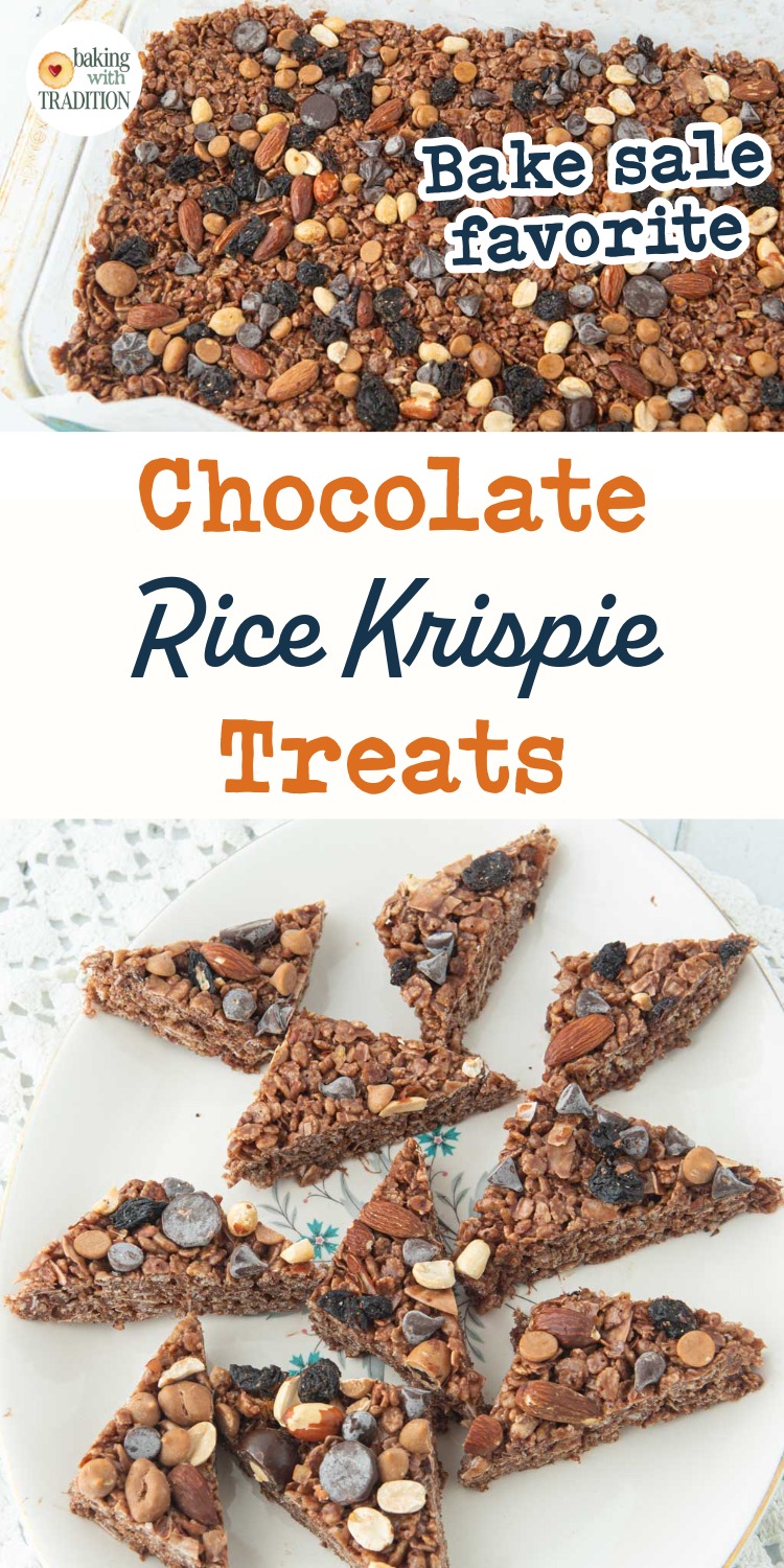 chocolate rice krispie treats in pan, plate of chocolate rice krispie treats cut in triangles, text overlay
