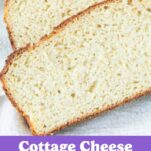 closeup of keto cottage cheese bread, text overlay