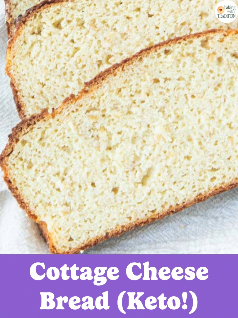 closeup of keto cottage cheese bread, text overlay