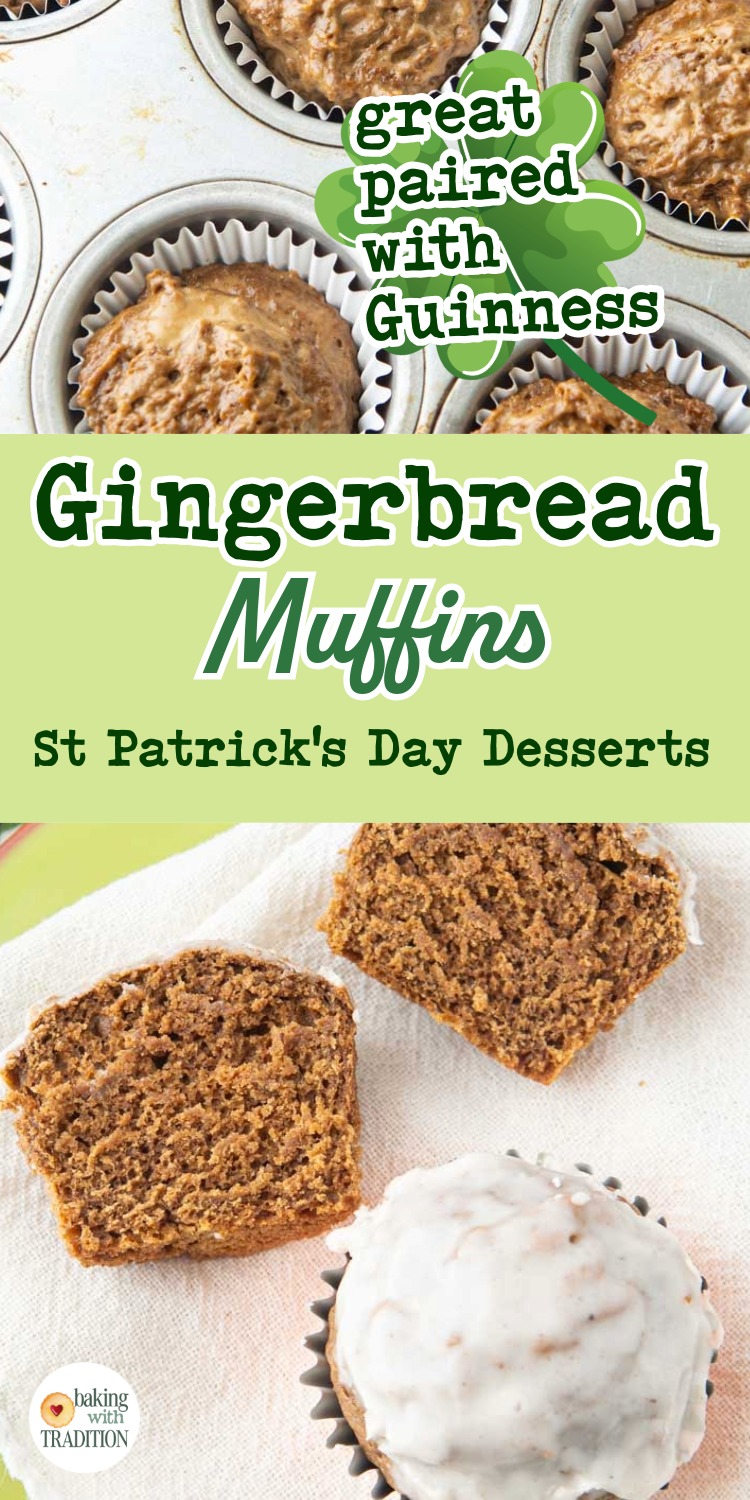 gingerbread muffins in baking pan, cross section of gingerbread muffins on plate, text overlay