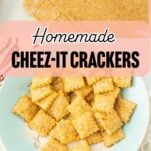 cutting cheese crackers with square cutter, bowl of homemade cheezit crackers, text overlay