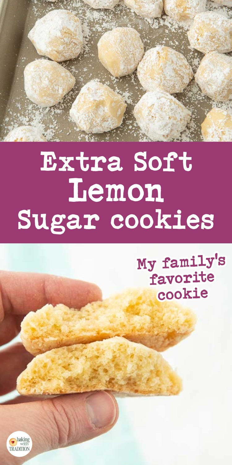 hand holding lemon sugar cookies, balls of lemon sugar cookie dough dipped in powdered sugar, text overlay