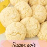 soft lemon cookies on plate, text overlay