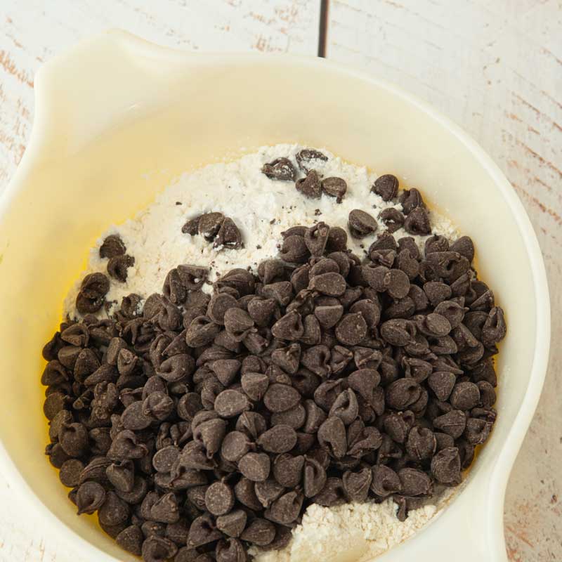 chocolate chips and flour in bowl