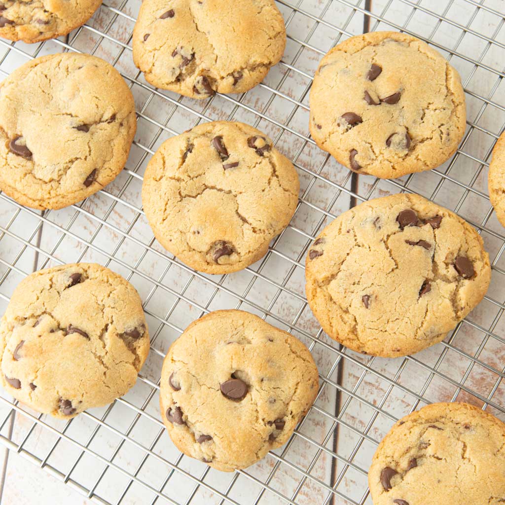 high altitude chocolate chip cookies on wire rack