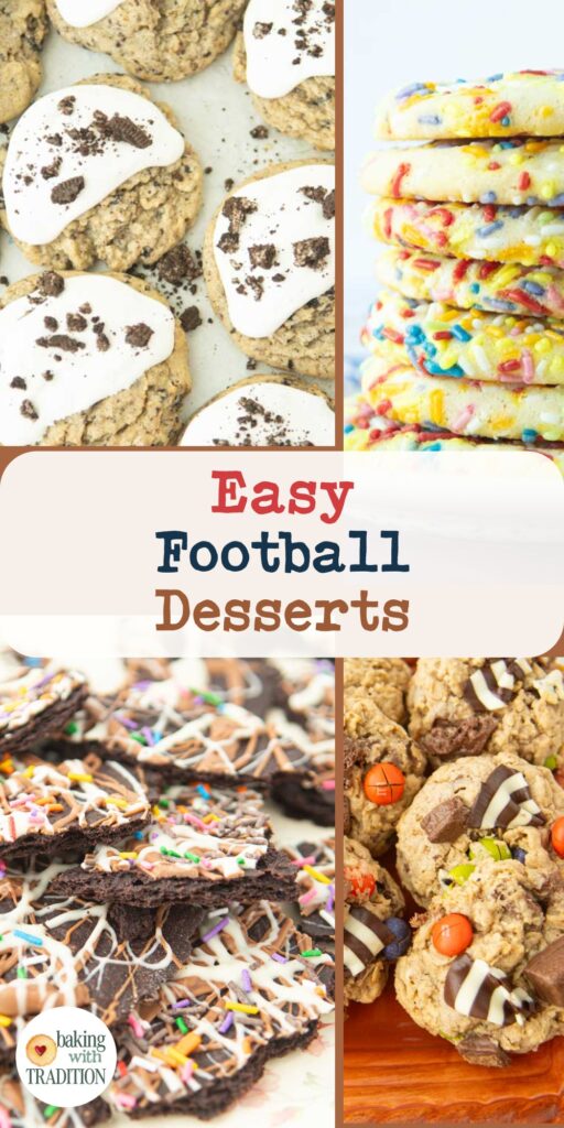 football desserts including oreo cookies and cream cookies, confetti cookies, chocolate cookie bark and monster cookies, text overlay