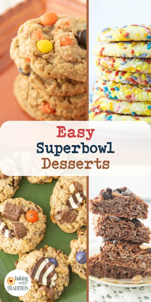 reese's pieces cookies, confetti cookies, monster cookies, chocolate peanut butter rice krispie treats, text overlay