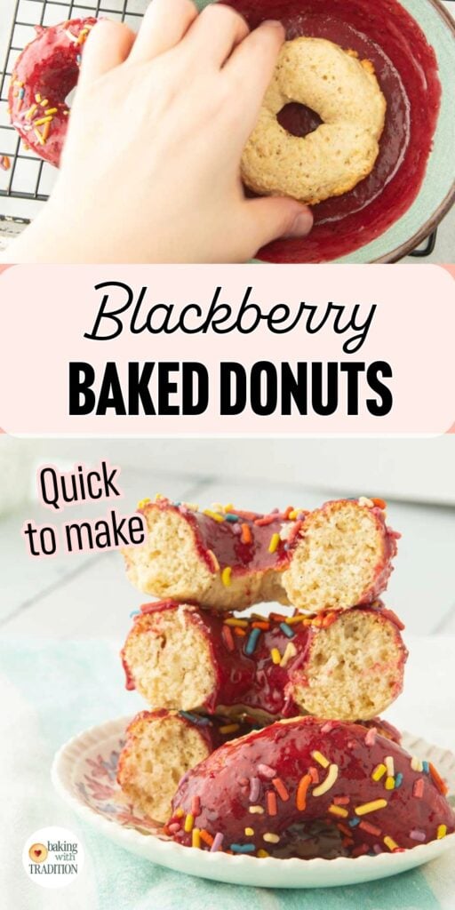 dipping donuts in blackberry glaze, stacked halves of blackberry donuts, text overlay