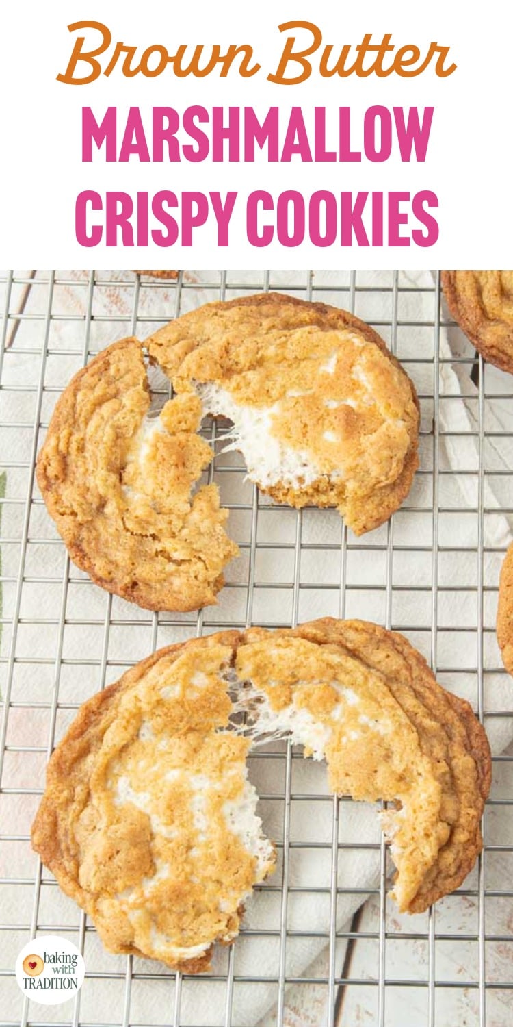 pulling marshmallow crispy cookies apart on a wire rack, text overlay