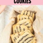 striped date cookies on plate, text overlay