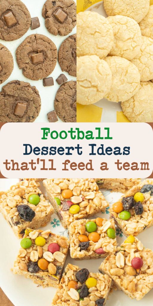 Super bowl cookies including chocolate sugar cookies, lemon crinkles, and peanut butter rice krispie treats