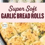 balls of garlic bread dough brushed with garlic butter, closeup of baked garlic bread rolls, text overlay