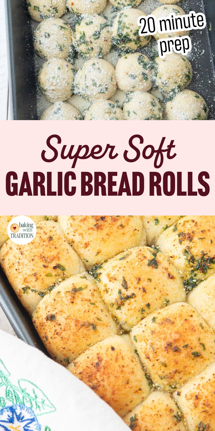 balls of garlic bread dough brushed with garlic butter, closeup of baked garlic bread rolls, text overlay