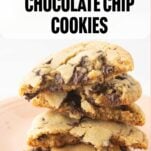 chocolate chip cookie halves stacked on plate, text overlay