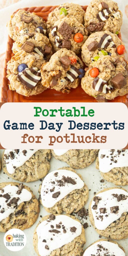 Superbowl cookies including monster cookies and Oreo topped cookies and cream cookies