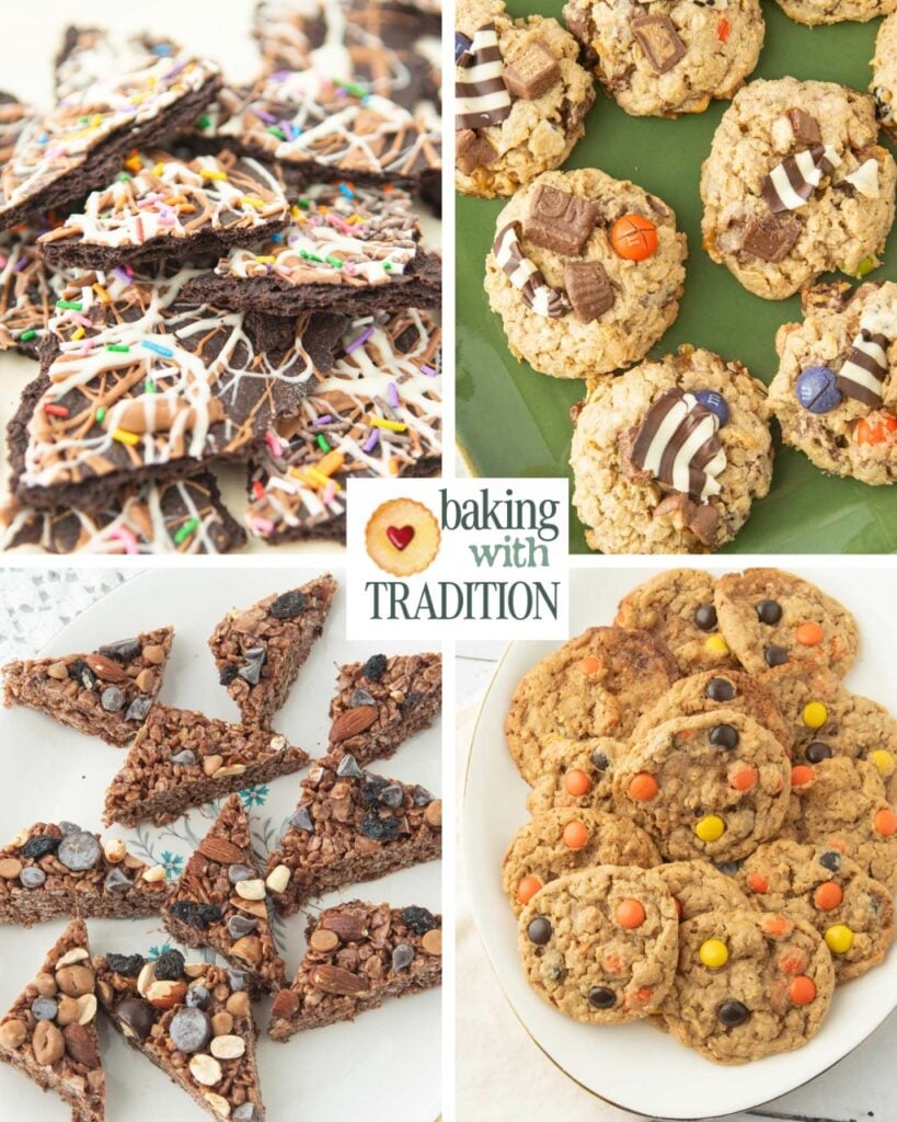 Super bowl cookies including cookie bark, monster cookies, chocolate rice krispie treats, reese's pieces cookies