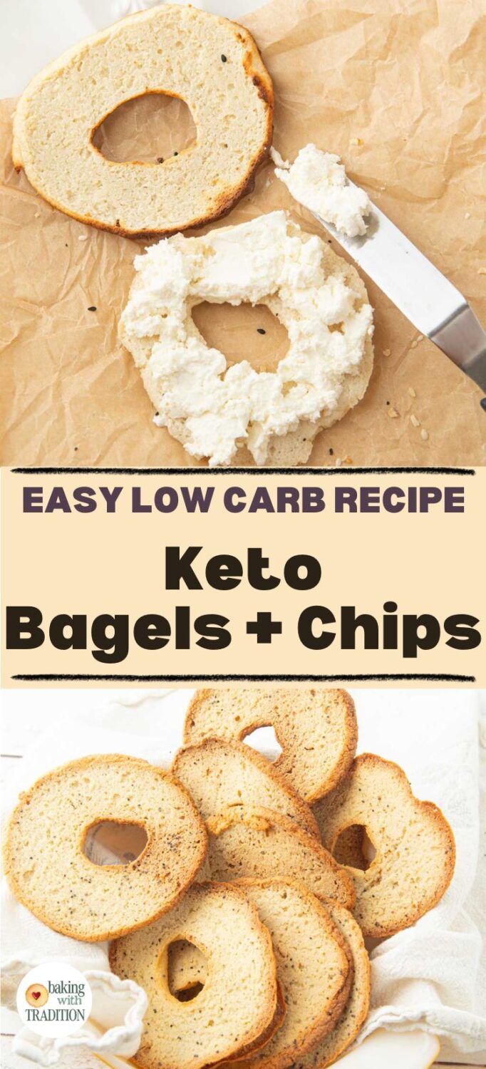 keto bagel chips in bowl, keto bagel split, one side spread with cream cheese, spatula with cream cheese, text overlay
