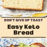 Slices of keto bread, slice of keto bread toasted and made into avocado toast, text overlay