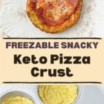 broccoli keto pizza crusts in pan before baking, pepperoni keto pizza, text overlay
