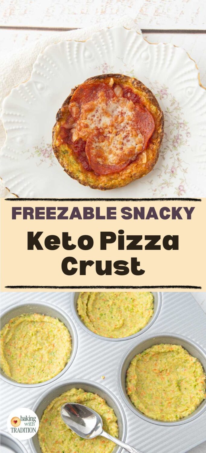 broccoli keto pizza crusts in pan before baking, pepperoni keto pizza, text overlay