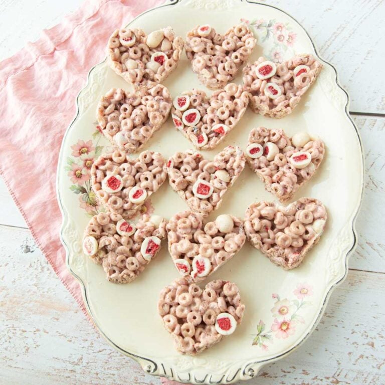 strawberry cereal treats on platter