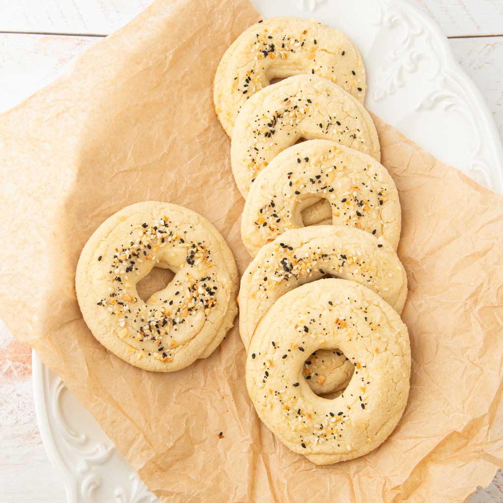 keto cottage cheese bagels stacked flat on plate