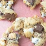 closeup of smores cookies with bunny grahams, text overlay