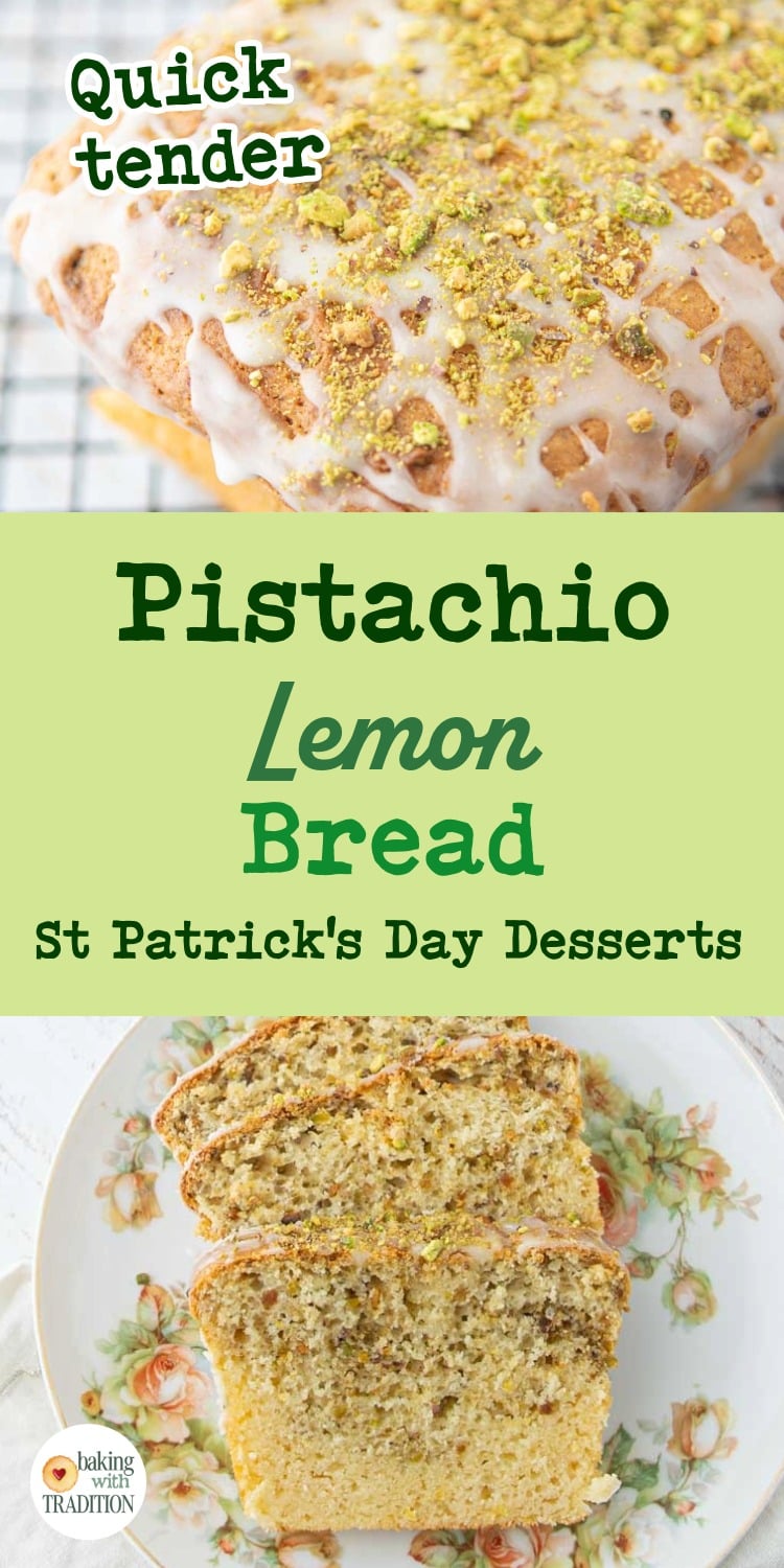 closeup of lemon bread, slices of pistachio lemon bread, text overlay