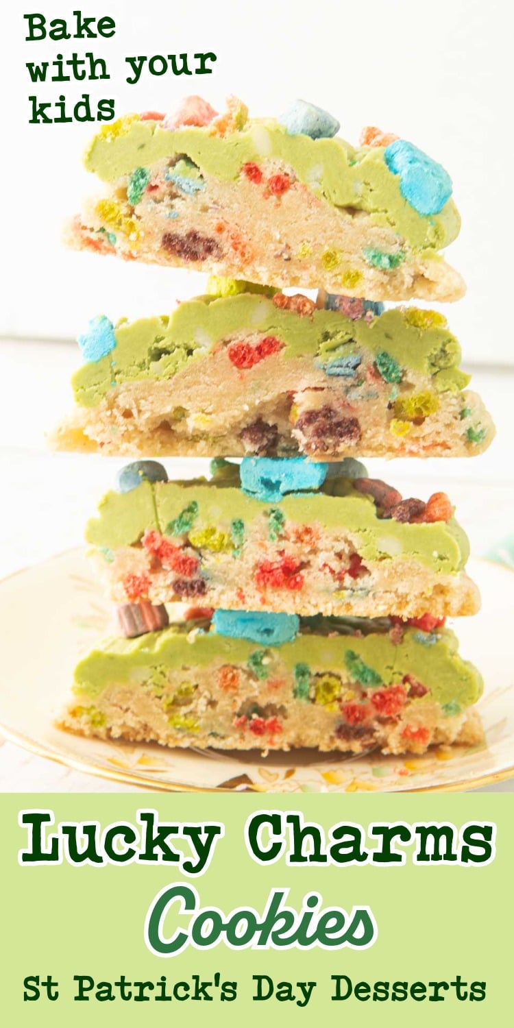 cross-section stack of lucky charms cookies, text overlay