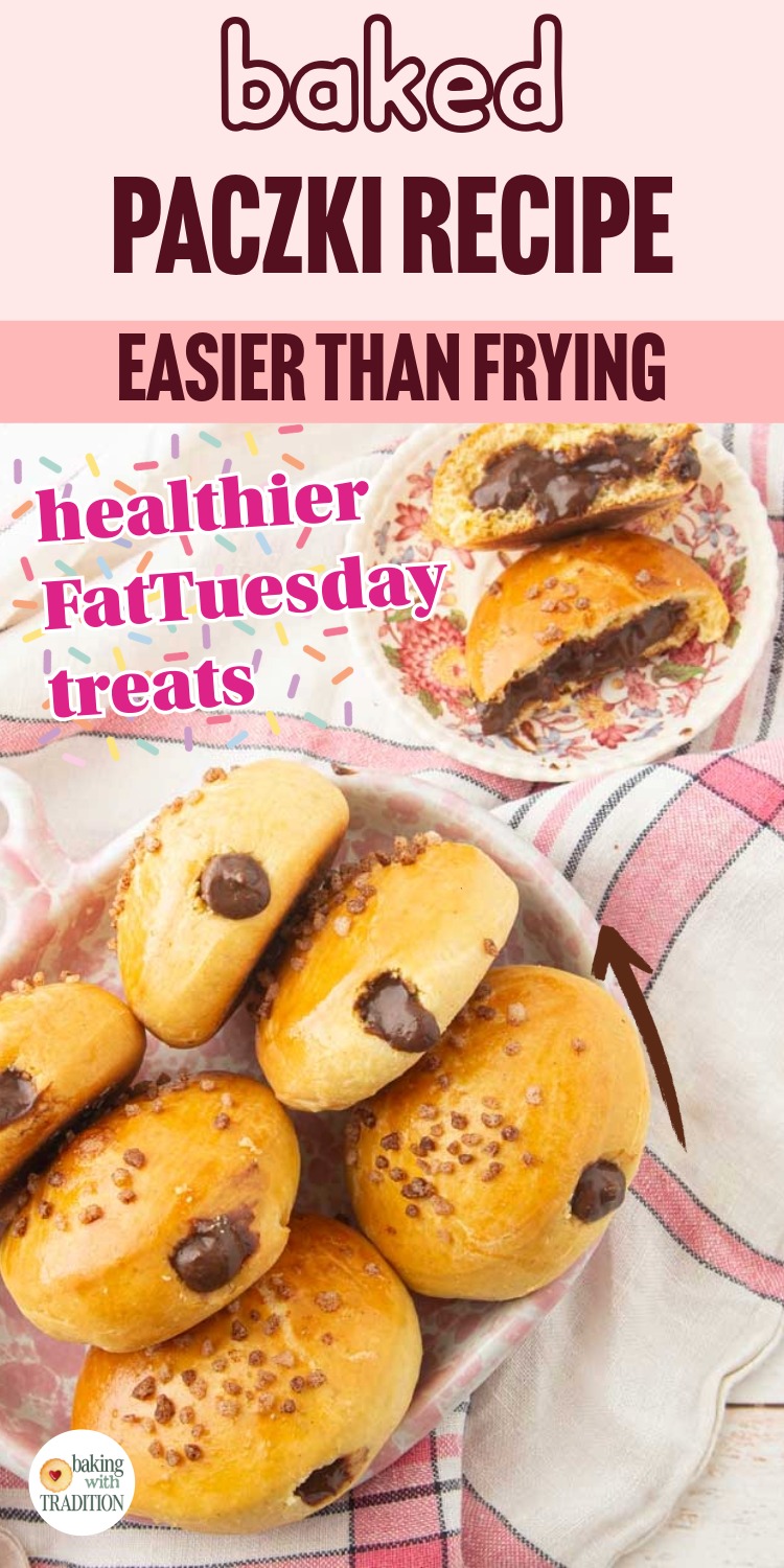 baked paczki filled with chocolate pastry cream, text overlay